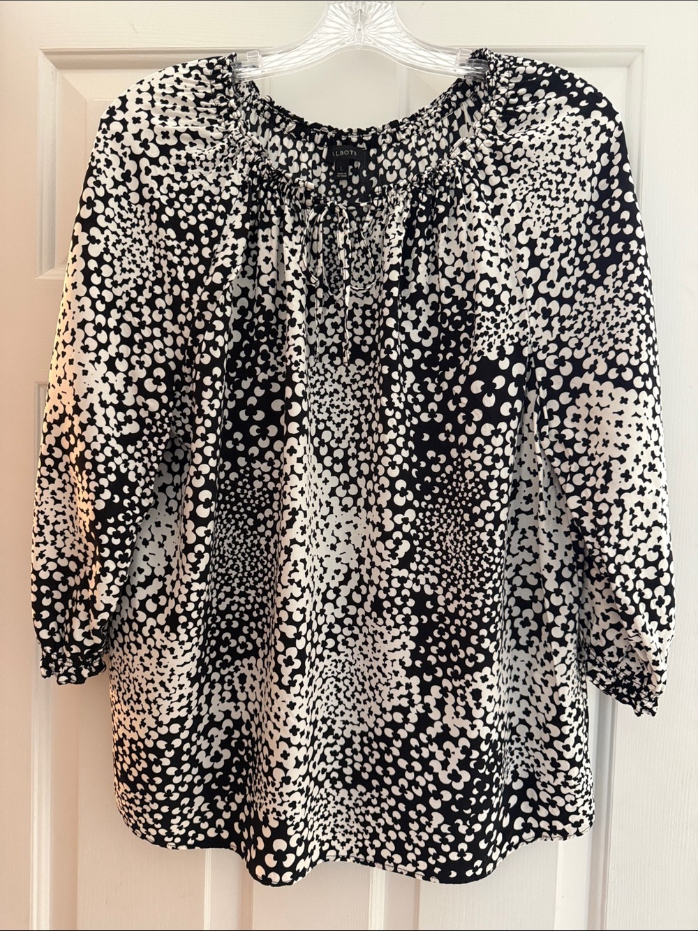 Talbots Black and White Floral-Style Peasant Top